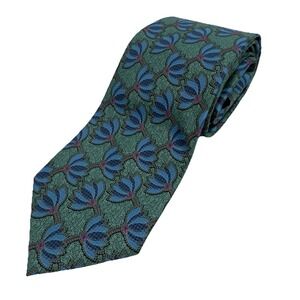 Ermenegildo Zegna Mens 100% Silk Tie Green & Blue Floral Medallion Made in Italy